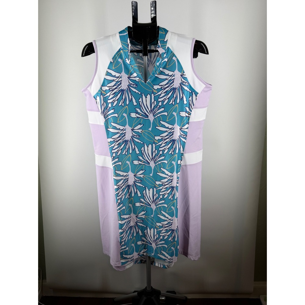 Swingdish‎ Womens M Golf Dress Teal Lilac Floral Sleeveless Split Neck Athletic